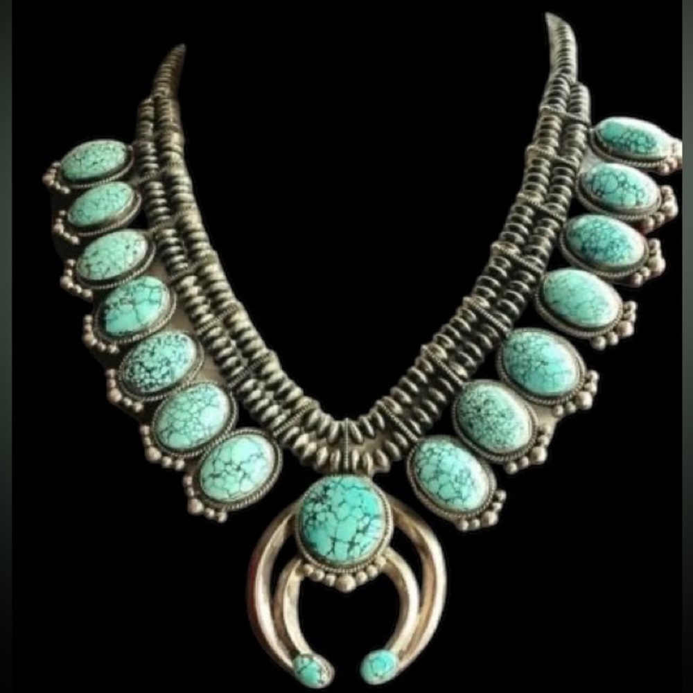 Authentic Navajo Esther Wood Sterling Silver Turquoise Squash Blossom Necklace - Picture 8 of 12